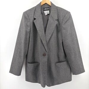 SAG HARBOR Women 14 WOOL Blend Blazer Gray Herringbone Fully Lined Single Button